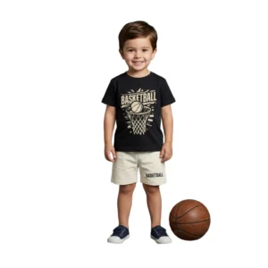 Basketball Hoop Graphic Tee & Contrast Shorts 2-Piece Set (Model Image 1) Basketball Hoop Graphic Tee & Contrast Shorts 2-Piece Set