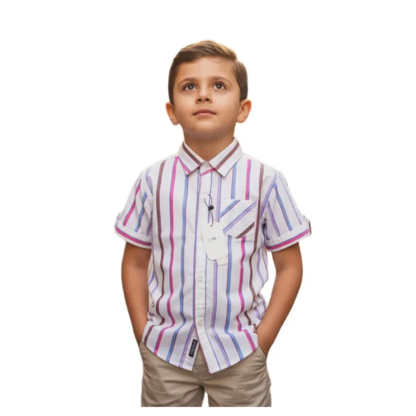 Candy Stripe Vertical Shirt (Model Image 1) Candy Stripe Vertical Short-Sleeve Button-Up Shirt – White with Pink, Blue & Lilac Stripes, Chest Pocket, Roll-Up Sleeves