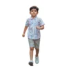 Candy Stripe Vertical Shirt (Model Image 2) Candy Stripe Vertical Short-Sleeve Button-Up Shirt – White with Pink, Blue & Lilac Stripes, Chest Pocket, Roll-Up Sleeves