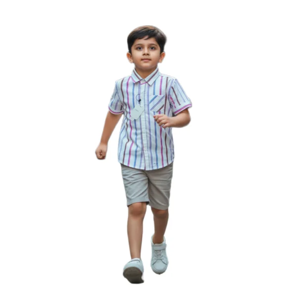 Candy Stripe Vertical Shirt (Model Image 2) Candy Stripe Vertical Short-Sleeve Button-Up Shirt – White with Pink, Blue & Lilac Stripes, Chest Pocket, Roll-Up Sleeves