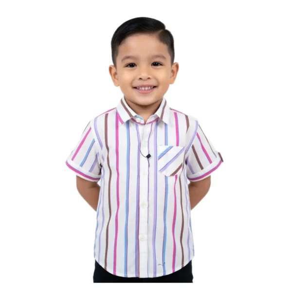 Candy Stripe Vertical Shirt (Model Image 3) Candy Stripe Vertical Short-Sleeve Button-Up Shirt – White with Pink, Blue & Lilac Stripes, Chest Pocket, Roll-Up Sleeves