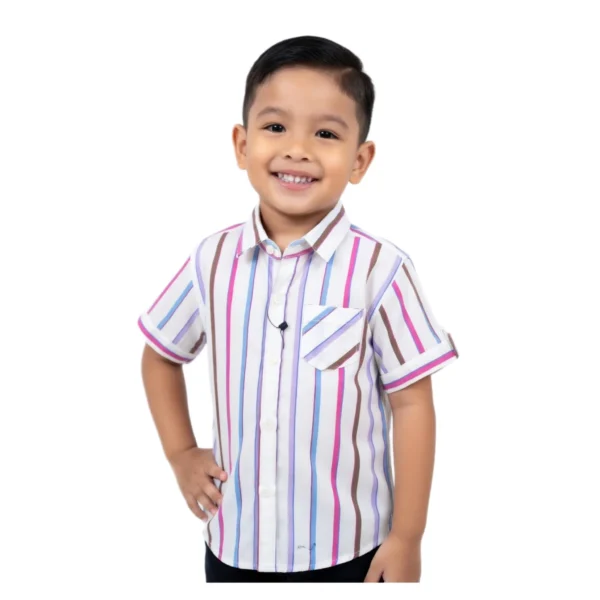 Candy Stripe Vertical Shirt (Model Image 4) Candy Stripe Vertical Short-Sleeve Button-Up Shirt – White with Pink, Blue & Lilac Stripes, Chest Pocket, Roll-Up Sleeves