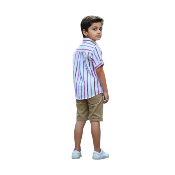 Candy Stripe Vertical Shirt (Model Image 7) Candy Stripe Vertical Short-Sleeve Button-Up Shirt – White with Pink, Blue & Lilac Stripes, Chest Pocket, Roll-Up Sleeves
