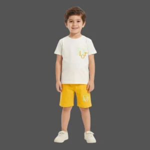 Designer-Style Logo Tee & Mustard Shorts 2-Piece Set (Model Image 1) Designer-Style Logo Tee & Mustard Shorts 2-Piece Set