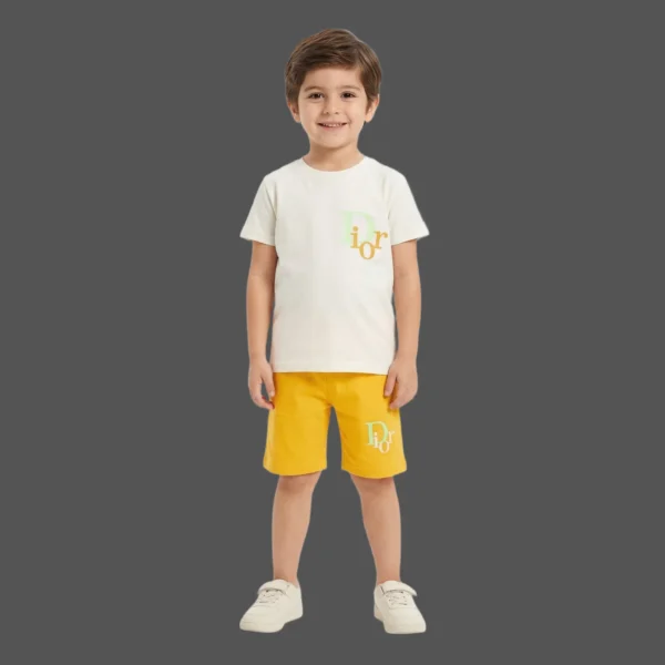 Designer-Style Logo Tee & Mustard Shorts 2-Piece Set