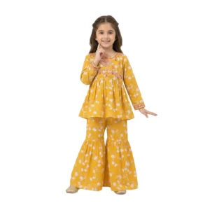 Full-Sleeve Full-Sleeve Girls_ Yellow Floral Printed Top Paired with same Yellow Floral Printed Sharara (2) Yellow Floral Peplum Top & Sharara 2-Piece Set