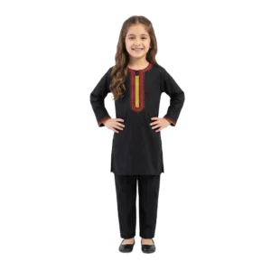 Full-Sleeve Girls_ Classic Black Tunic Paired with same Black Trousers (1) Black Embroidered Tunic & Trousers 2-Piece Set