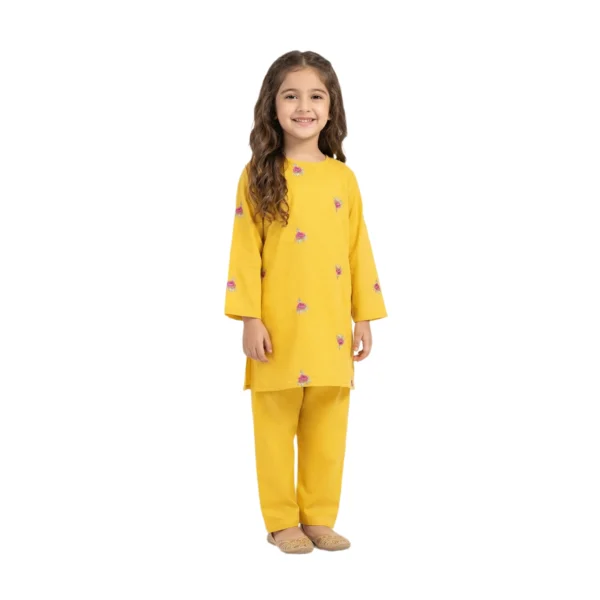 Full-Sleeve Girls_ Mustard Yellow Tunic Paired with Mustard Yellow Trousers (1) Mustard Yellow Floral Embroidered Tunic & Trousers 2-Piece Set