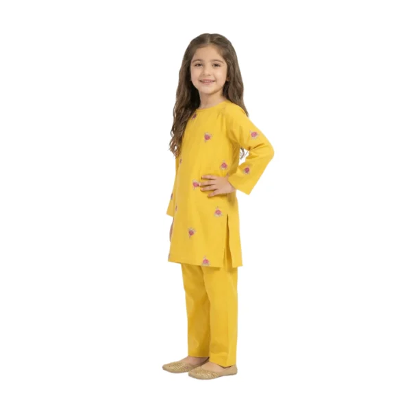 Full-Sleeve Girls_ Mustard Yellow Tunic Paired with Mustard Yellow Trousers (3) Mustard Yellow Floral Embroidered Tunic & Trousers 2-Piece Set