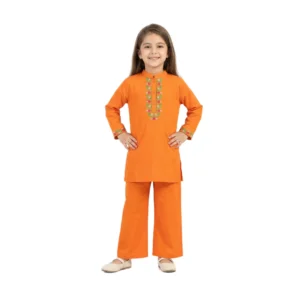 Orange Embroidered Kurta & Wide-Leg Trousers 2-Piece Set