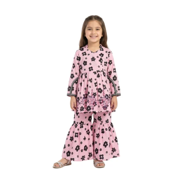 Pink & Black Floral Peplum Frock & Sharara 2-Piece Set