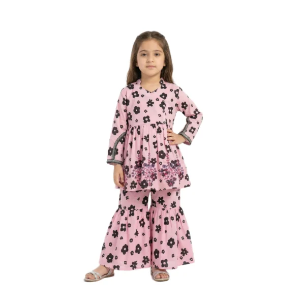 Pink & Black Floral Peplum Frock & Sharara 2-Piece Set