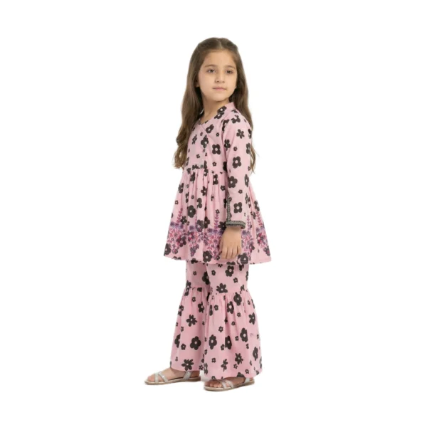 Pink & Black Floral Peplum Frock & Sharara 2-Piece Set