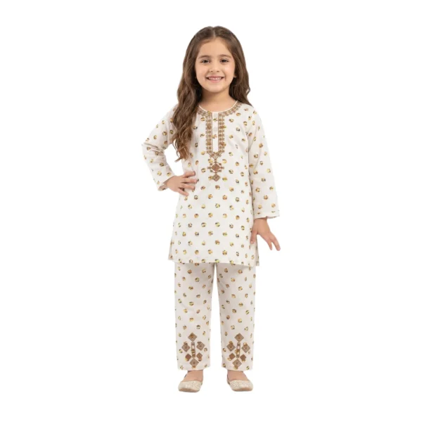White & Bronze Geometric Embroidered Kurta & Trousers 2-Piece Set