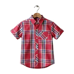 Half Seleves Check Shirt (Red and Blue) (Hanger Image 1) Red & Blue Plaid Check Half Sleeve Button-Up Shirt – Collared Casual Shirt with Chest Pocket & Roll-Up Sleeve Tabs