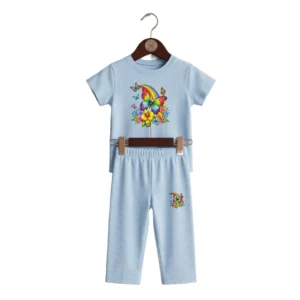 Half-Sleeve Baby Blue Rainbow Butterfly and flowers 2-Piece Outfit “Rainbow Butterfly and flowers (1) Baby Blue Rainbow Butterfly & Flowers 2-Piece Outfit
