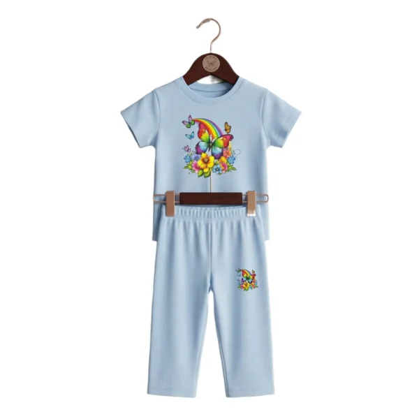 Baby Blue Rainbow Butterfly & Flowers 2-Piece Outfit