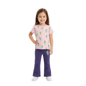 Half-Sleeve Dark Slate Blue Gray & Earthy Beige Cactus Print 2-Pieace Outfit (Model Image 1) Pink & Purple Cactus Print 2-Piece Set
