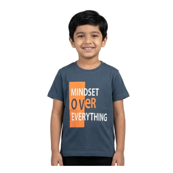 Half-Sleeve Mindset Over Everything Graphic T-Shirt featuring “Mindset Over Everything” graphics (Model Image 1) Navy Mindset Over Everything Graphic T-Shirt