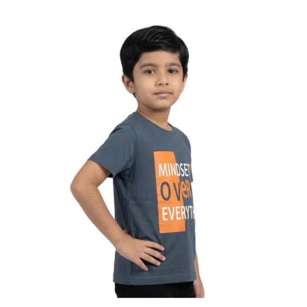 Half-Sleeve Mindset Over Everything Graphic T-Shirt featuring “Mindset Over Everything” graphics (Model Image 3) Navy Mindset Over Everything Graphic T-Shirt