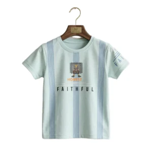 Half-Sleeve Mint Blue Striped HONEST FAITHFUL Graphic T-Shirt featuring “HONEST FAITHFUL” (Hanger Image 1) Mint Blue Striped Honest Faithful Graphic T-Shirt