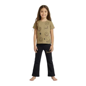 Half-Sleeve Olive Tan Smile Graphics Paired with Matching Black Trousers 2-Piece Outfit (1) Olive Tan & Black Smiley Print 2-Piece Set