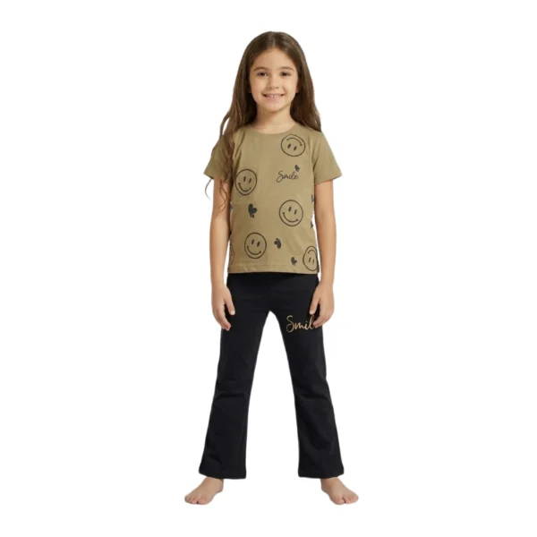 Half-Sleeve Olive Tan Smile Graphics Paired with Matching Black Trousers 2-Piece Outfit (1) Olive Tan & Black Smiley Print 2-Piece Set