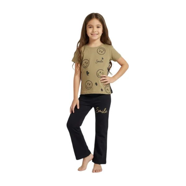 Half-Sleeve Olive Tan Smile Graphics Paired with Matching Black Trousers 2-Piece Outfit (2) Olive Tan & Black Smiley Print 2-Piece Set