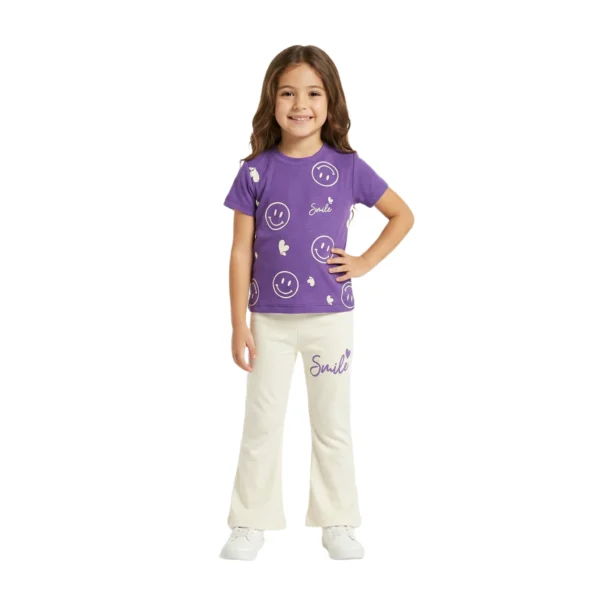Half-Sleeve Purple Smile Graphics Paired With Matching Off-White Trousers (1) Purple & Off-White Smiley Print 2-Piece Set