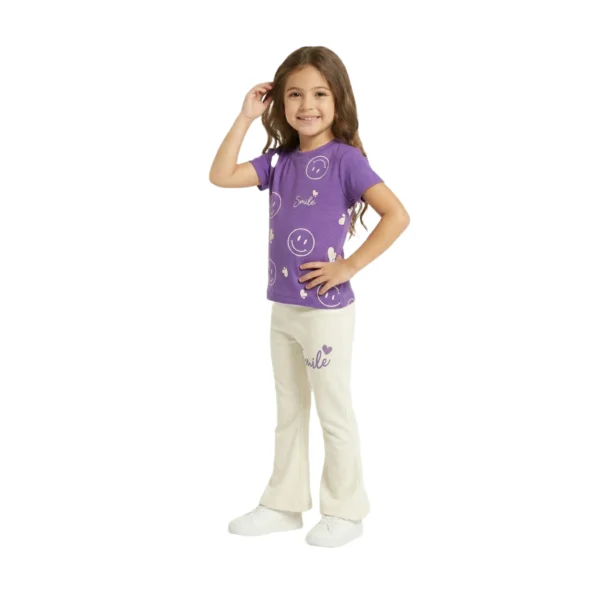 Half-Sleeve Purple Smile Graphics Paired With Matching Off-White Trousers (2) Purple & Off-White Smiley Print 2-Piece Set