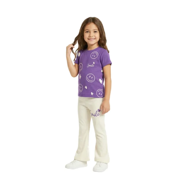 Half-Sleeve Purple Smile Graphics Paired With Matching Off-White Trousers (3) Purple & Off-White Smiley Print 2-Piece Set