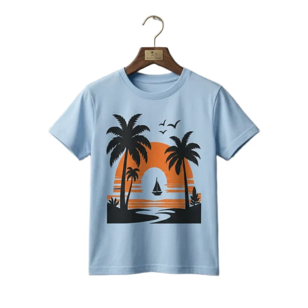 Half-Sleeve Sky Blue Tropical Sunset Graphic T-Shirt featuring “Sunset” (Hanger Image 1) Sky Blue Tropical Sunset Graphic T-Shirt