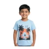 Half-Sleeve Sky Blue Tropical Sunset Graphic T-Shirt featuring “Sunset” (Model Image 1) Sky Blue Tropical Sunset Graphic T-Shirt