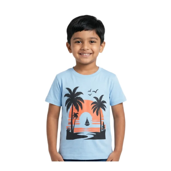 Half-Sleeve Sky Blue Tropical Sunset Graphic T-Shirt featuring “Sunset” (Model Image 1) Sky Blue Tropical Sunset Graphic T-Shirt