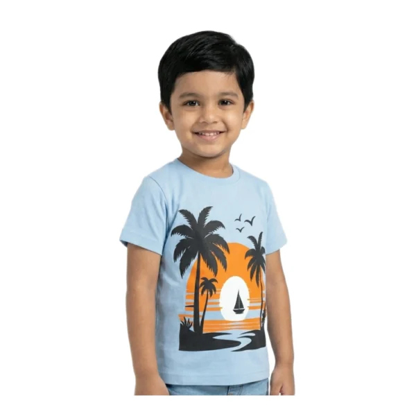 Half-Sleeve Sky Blue Tropical Sunset Graphic T-Shirt featuring “Sunset” (Model Image 2) Sky Blue Tropical Sunset Graphic T-Shirt