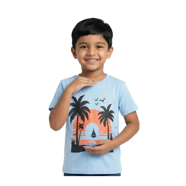 Half-Sleeve Sky Blue Tropical Sunset Graphic T-Shirt featuring “Sunset” (Model Image 5) Sky Blue Tropical Sunset Graphic T-Shirt