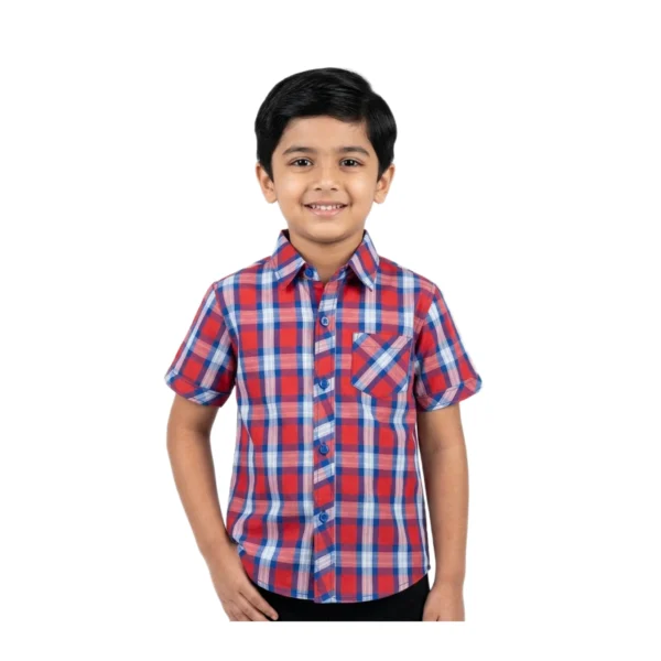Red & Blue Classic Plaid Check Half Sleeve Button-Up Shirt – Collared Casual Shirt