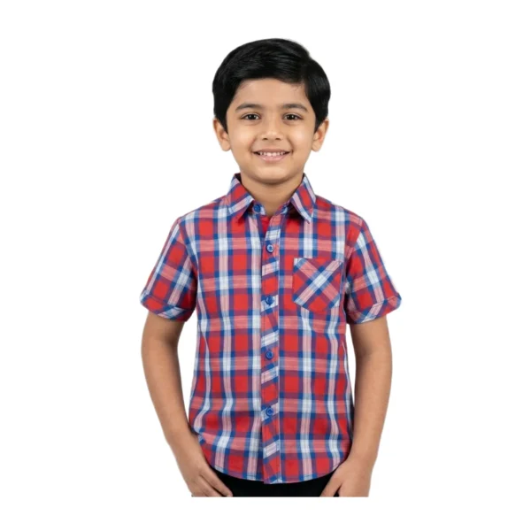 Red & Blue Classic Plaid Check Half Sleeve Button-Up Shirt – Collared Casual Shirt