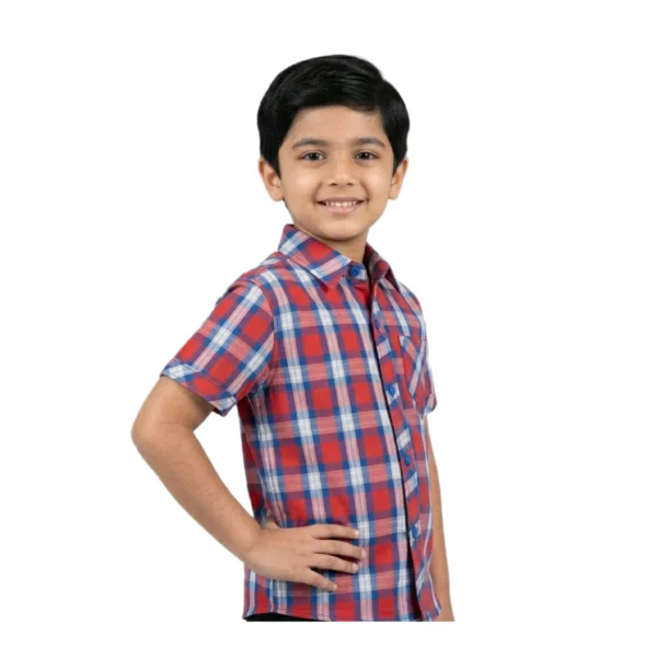 Red & Blue Classic Plaid Check Half Sleeve Button-Up Shirt – Collared Casual Shirt
