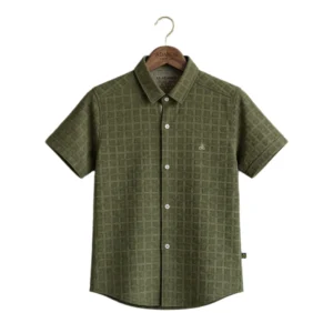 Olive Moss Textured Solid half-sleeve casual shirt (Hanger Image 1) Olive Moss Textured Solid Half-Sleeve Casual Shirt