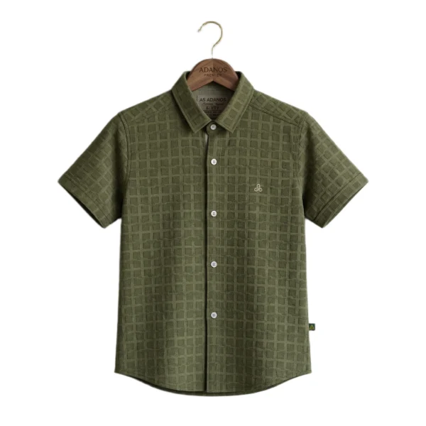 Olive Moss Textured Solid half-sleeve casual shirt (Hanger Image 1) Olive Moss Textured Solid Half-Sleeve Casual Shirt