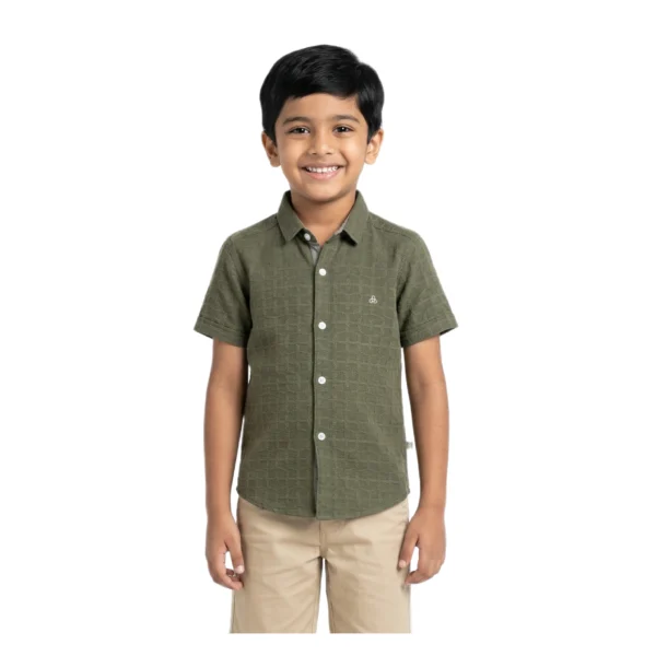 Olive Moss Textured Solid half-sleeve casual shirt (Model Image 1) Olive Moss Textured Solid Half-Sleeve Casual Shirt