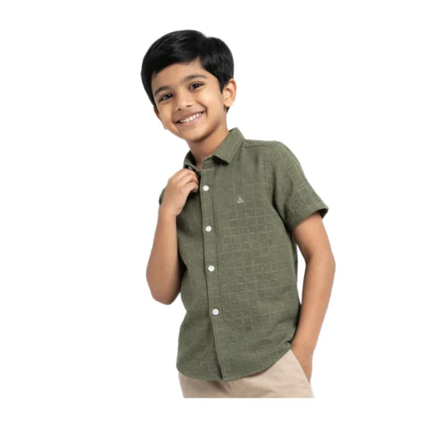Olive Moss Textured Solid half-sleeve casual shirt (Model Image 2) Olive Moss Textured Solid Half-Sleeve Casual Shirt