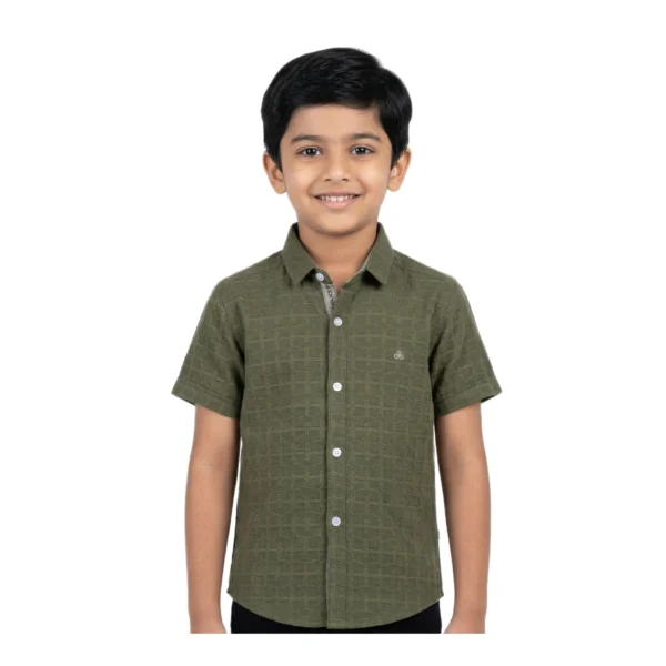 Olive Moss Textured Solid half-sleeve casual shirt (Model Image 3) Olive Moss Textured Solid Half-Sleeve Casual Shirt