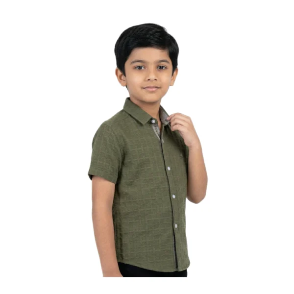 Olive Moss Textured Solid half-sleeve casual shirt (Model Image 4) Olive Moss Textured Solid Half-Sleeve Casual Shirt