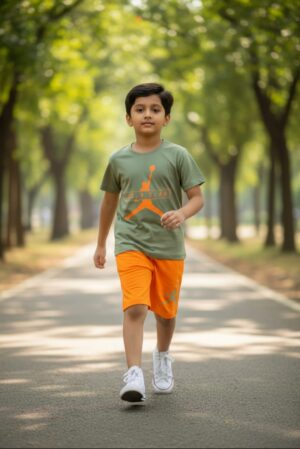 Basketball Graphic T-Shirt & Shorts Set – Olive Green Tee with Bright Orange Shorts, Summer Casual 2-Piece Outfit