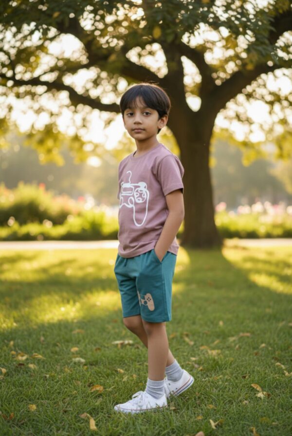 Gamer Controller Graphic T-Shirt & Shorts Set – Dusty Mauve Tee with Forest Green Shorts, Casual 2-Piece Outfit