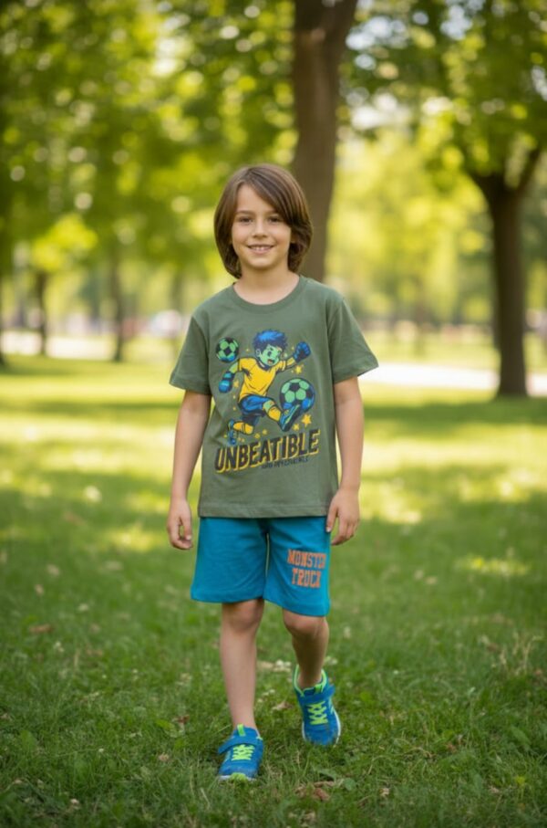 Olive Green & Teal Football Print 2-Piece Set
