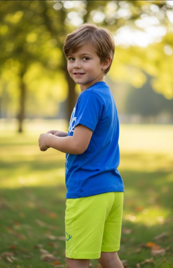 WhatsApp Image 2026-10-03 at 1.14.07 PM Smile Graphic T-Shirt & Shorts Set – Royal Blue Tee with Neon Lime Shorts, Summer Casual 2-Piece Outfit