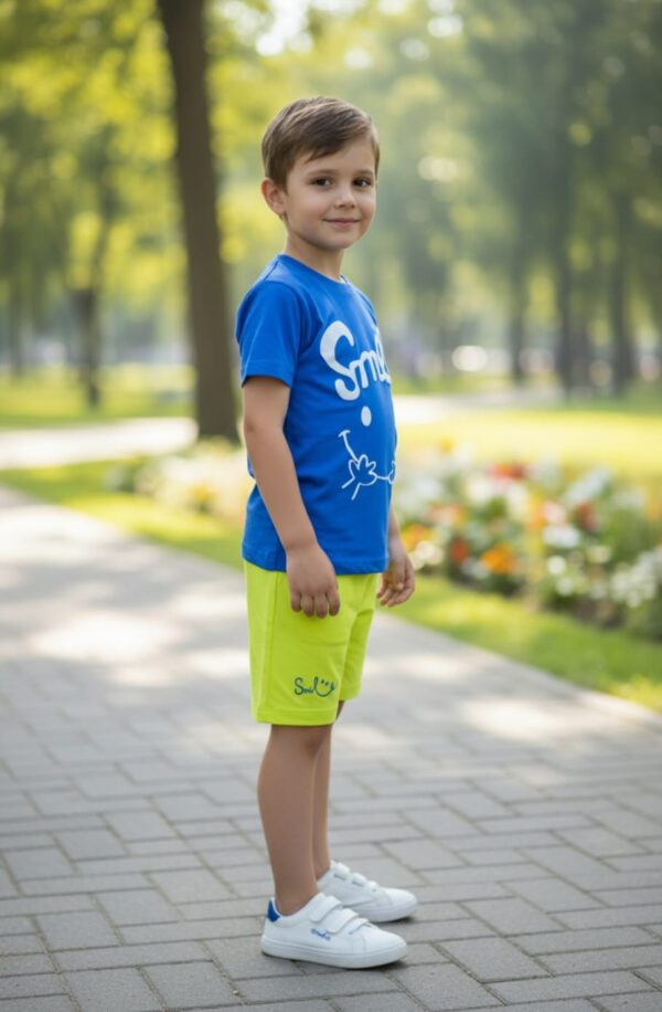 WhatsApp Image 2026-10-03 at 1.14.08 PM Smile Graphic T-Shirt & Shorts Set – Royal Blue Tee with Neon Lime Shorts, Summer Casual 2-Piece Outfit